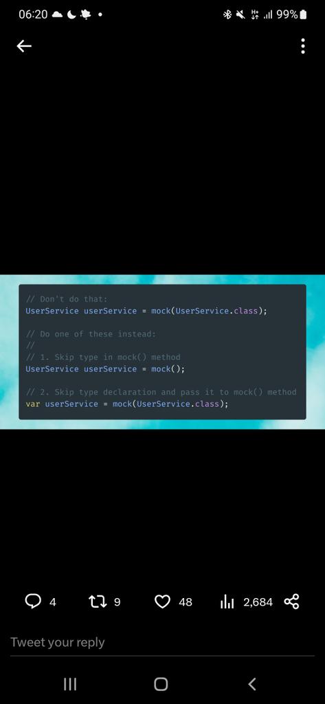 valdemarjuniorr's tweet image. Uma dica excelente para quem usa @MockitoJava.

#mockito #mock #java #programming #devtips