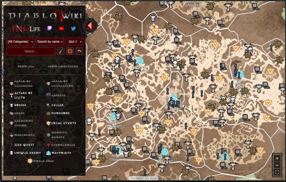 ⭐#Diablo4 Interactive Map Guide LIVE⭐

This is a complete #DiabloIV World Map that includes all of the locations, Waypoints, regions, Altars of Lilith, Elite Enemies, Quests, and customizable filters with interactive search! Enjoy!

diablo4.wiki.fextralife.com/Interactive+Map