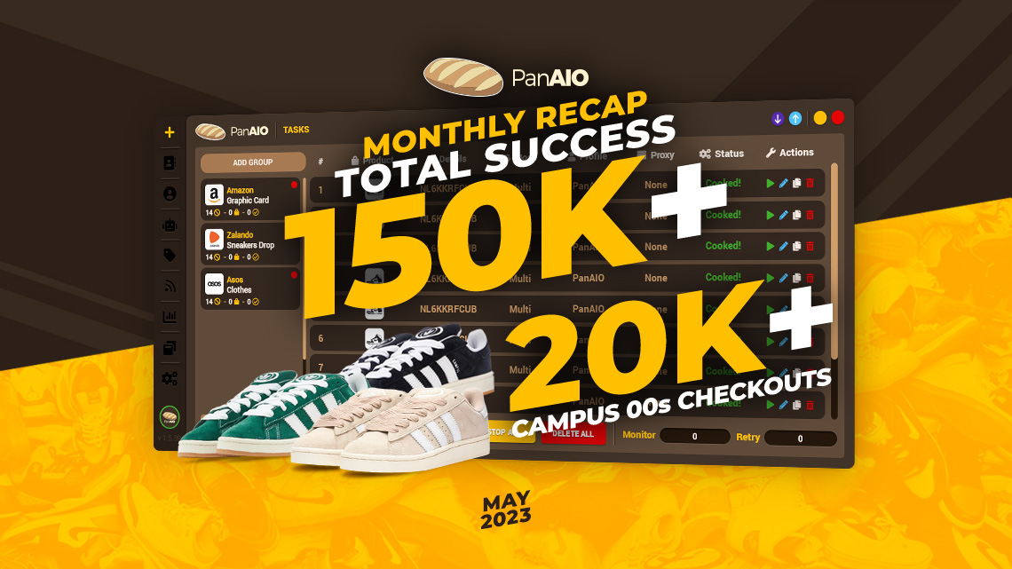 🎉 Exciting news! In May, our amazing users surpassed 150k checkouts on our sitelist, including over 20k checkouts of Campus Sneakers alone! 🚀👟 As a thank you, we're giving away FREE PanAIO keys to lucky winners. To enter, retweet and like this post. Your continued support