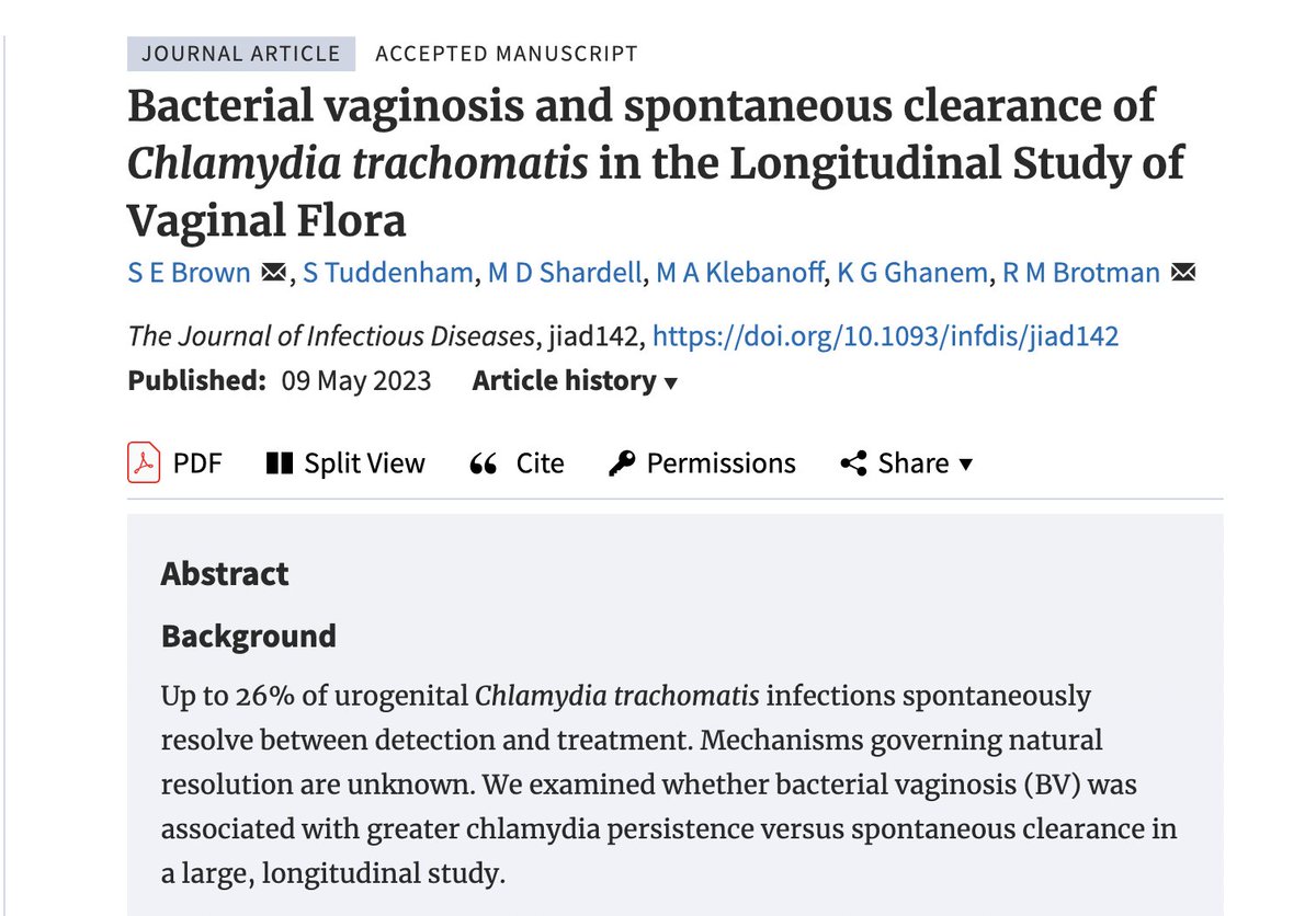 Our <a href="/UMmedschool/">University of Maryland School of Medicine</a> Institute for Genome Science's PhD student Sarah Brown <a href="/episebrown/">Sarah Brown Fasciani</a> from <a href="/BrotmanEpi/">Rebecca Brotman</a> is first author on the study. Read the original here: bit.ly/bvFlora #microbiome #chlamydia #BV