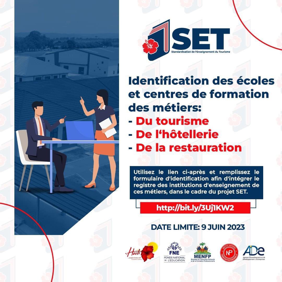 📣 Appel aux responsables d'écoles professionnelles enseignant les métiers du tourisme, de l'hôtellerie et de la restauration en Haïti !  Le Ministère du Tourisme lance le projet SET…(lire la suite sur notre page Facebook : Ministère du Tourisme d’Haïti)