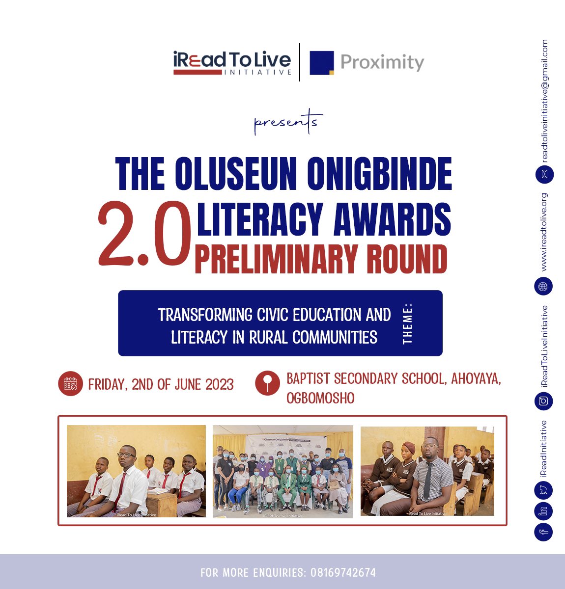 iReadInitiative's tweet photo. We are excited to announce the preliminary round of the Oluseun Onigbinde Literacy Awards x @Proximity_OO scheduled for tomorrow at the Baptist Secondary School, Ahoyaya. Ogbomosho.
#iReadtolive #literacy https://t.co/5RTOhWo5jJ
