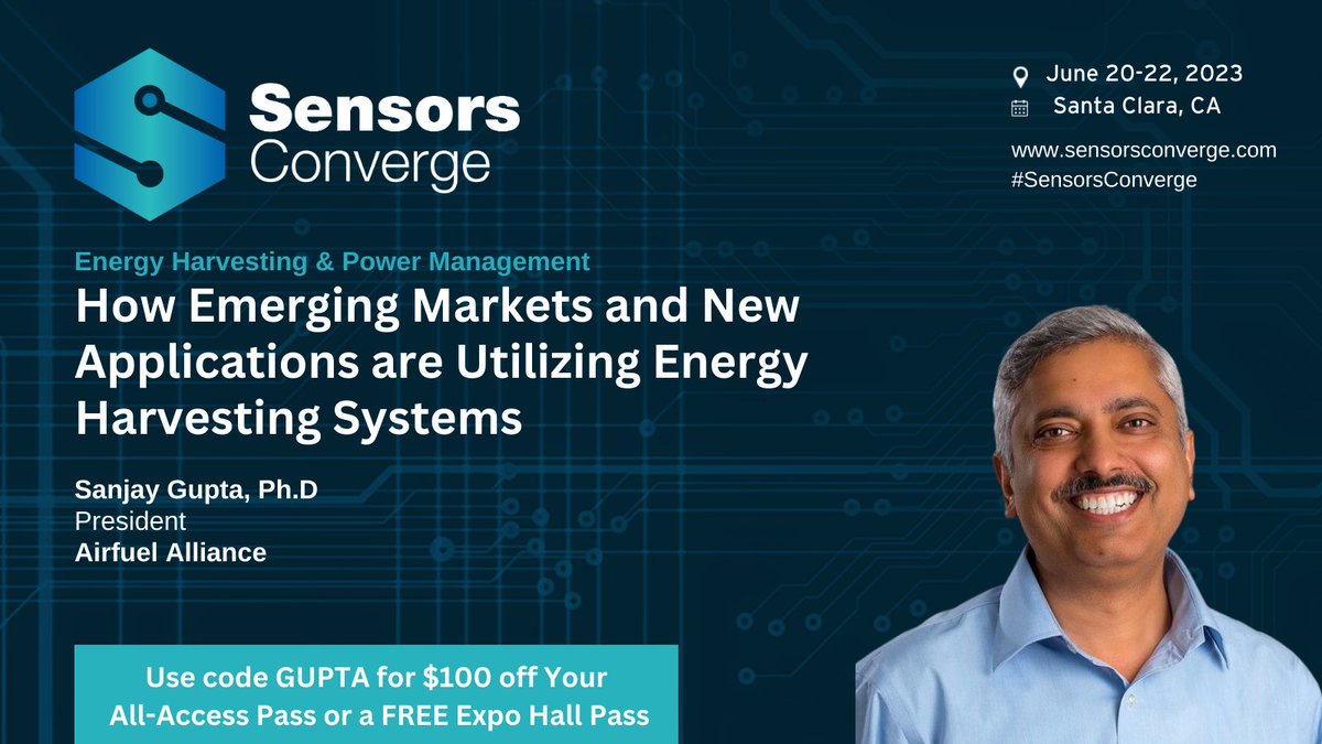 Headed to Sensors Converge? Don't miss #AirFuel President Sanjay Gupta's panel discussion on How Emerging Markets and New Applications are Utilizing Energy Harvesting Systems with <a href="/Energous/">Energous</a> and <a href="/BluetoothSIG/">Bluetooth</a> on Thursday, June 22nd at 9:45 PT.