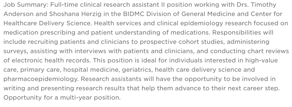 Interesting in conducting research on healthcare delivery and prescribing? We are #hiring a clinical research assistant! Join @ShaniHerzig and I as part of our team at prescribingwiselylab.org jobs.bilh.org/job/boston/cli…