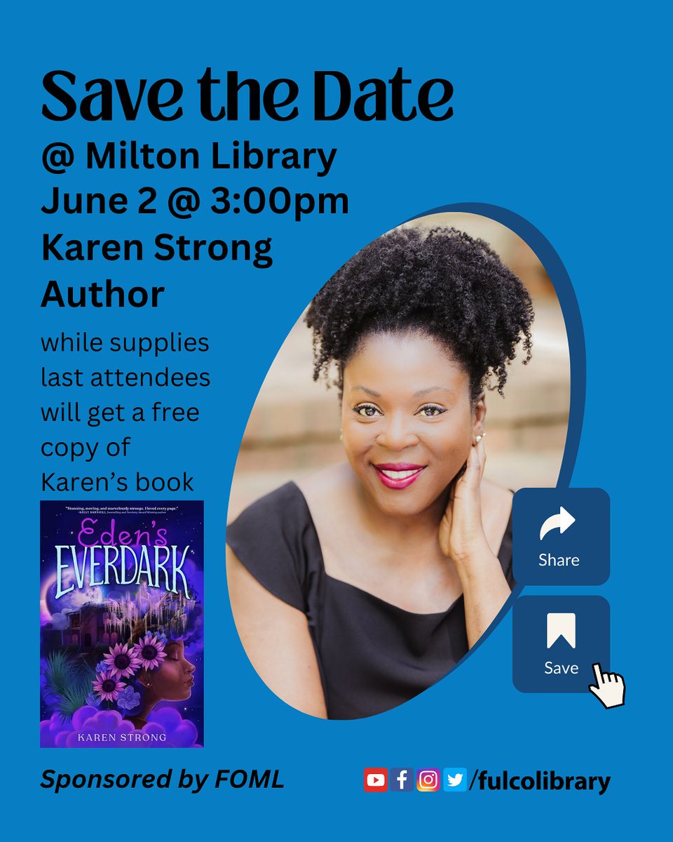 Atlanta loves! I’m kicking off the Summer Reading Series on Friday 6/2 at 3pm at the @fulcolibrary Milton branch. The Friends of the Library are giving away copies of EDEN’S EVERDARK while supplies last! 💜✨ Register here: fulcolibrary.bibliocommons.com/events/6421fe1…