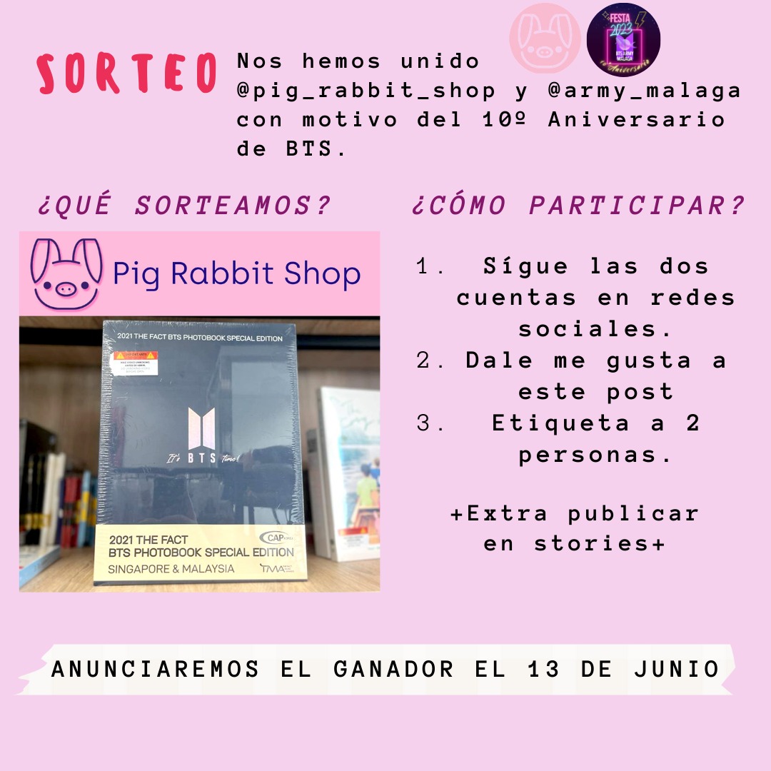army_malaga's tweet photo. 💜2° MiniEvento💜
⭐Sorteo⭐
Con motivo del #BTS10thAnniversary @armymalaga en colaboración con @PigRabbitShop sortearemos el The fact BTS 2021 y 5 pósters oficiales.
Habrán 6 ganadores.
1° premio:The Fact 2021
2-6° premio:1 poster oficial
#Festa2023 #BTS #ARMY #SorteoBTS https://t.co/8vfLpk5B5I
