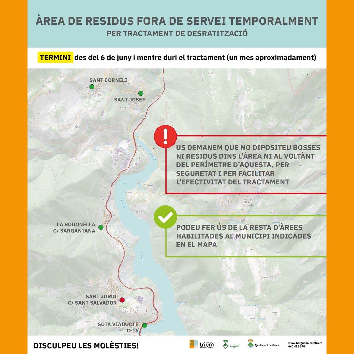 Consell Comarcal del Berguedà (@ccbergueda) on Twitter photo ⚠️ L'àrea de residus de Sant Jordi (<a href="/ajcercs/">Ajuntament de Cercs</a>) estarà fora de servei durant aproximadament un mes per posar fi a una plaga de rosegadors.
📅 Des de dimarts, 6 de juny.
📍 Durant aquest període els veïns podran fer ús de la resta d'àrees habilitades.
🙌 Disculpin les molèsties. ⚠️ L'àrea de residus de Sant Jordi (<a href="/ajcercs/">Ajuntament de Cercs</a>) estarà fora de servei durant aproximadament un mes per posar fi a una plaga de rosegadors.
📅 Des de dimarts, 6 de juny.
📍 Durant aquest període els veïns podran fer ús de la resta d'àrees habilitades.
🙌 Disculpin les molèsties.