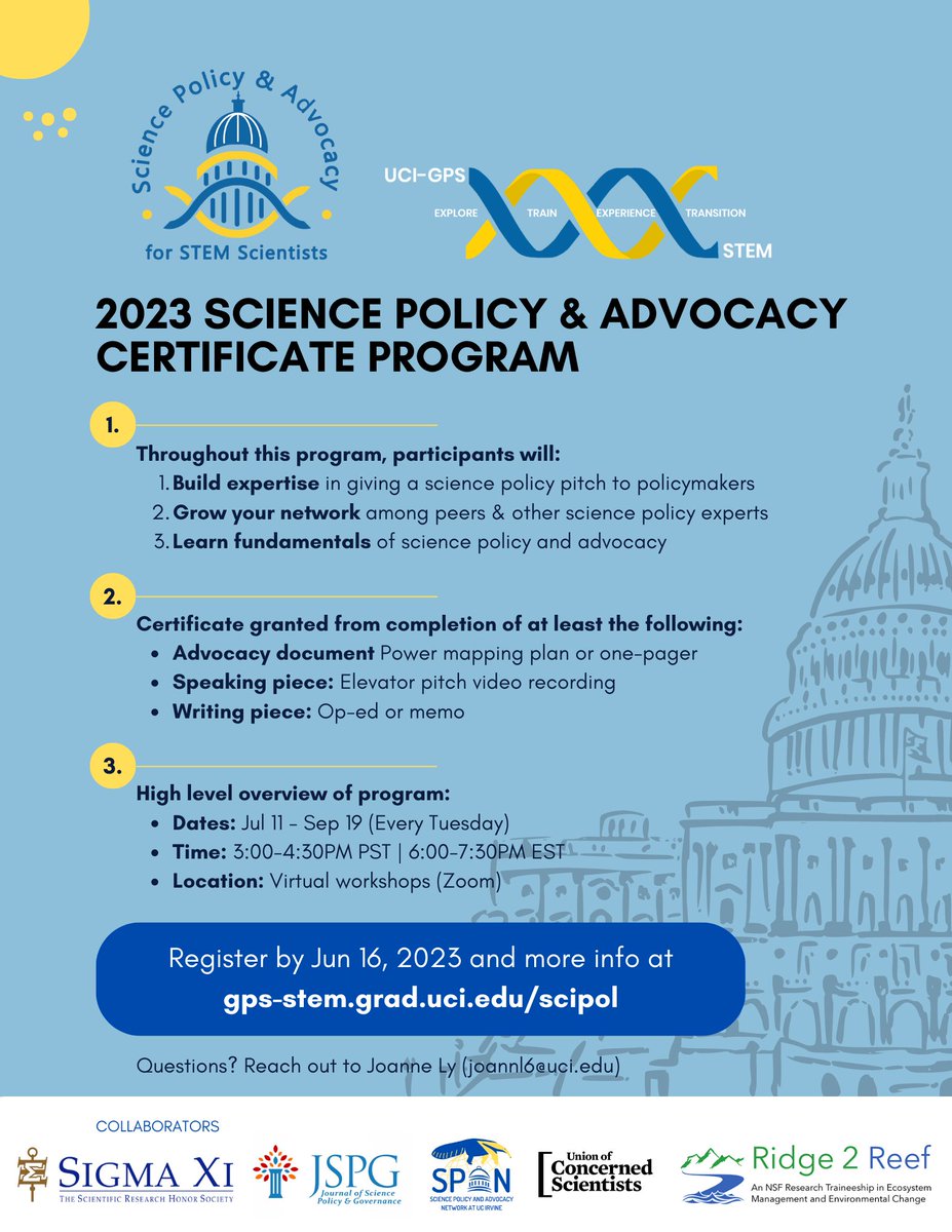 📢 Excited to re-launch the 2023 Science Policy and Advocacy Certificate Program! Join our virtual workshops that covers essential skills for a career in science policy, including policy development, communication, funding opportunities, networking, and more!  (1/4)