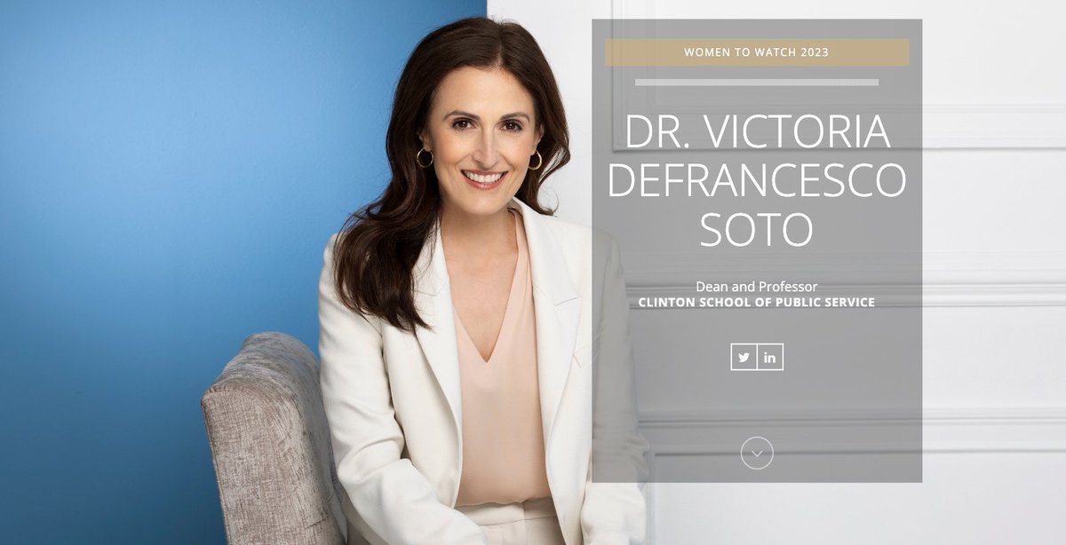 Clinton School of Public Service (@clintonschool) on Twitter photo Learn more about Clinton School Dean <a href="/DrVMDS/">Victoria DeFrancesco</a> – one of <a href="/LRsoiree/">Little Rock Soirée</a>'s Women to Watch for 2023!
>> bit.ly/3qpH1Fa Learn more about Clinton School Dean <a href="/DrVMDS/">Victoria DeFrancesco</a> – one of <a href="/LRsoiree/">Little Rock Soirée</a>'s Women to Watch for 2023!
>> bit.ly/3qpH1Fa