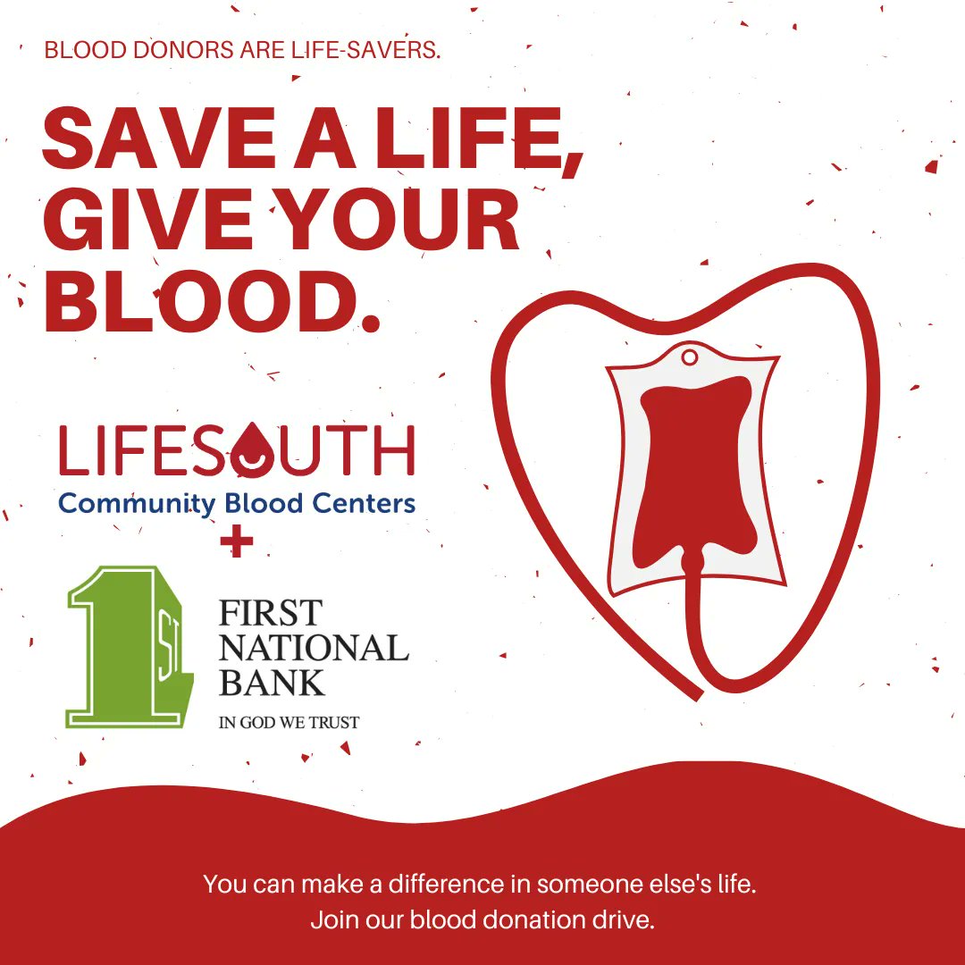FirstNationalBk's tweet photo. TOMORROW! The blood mobile will be parked out front from 11am- 5pm. For your donation, you will receive a $20 e-gift card from LifeSouth, a free appetizer coupon for Texas Roadhouse, and a pound of cookie dough from Papa Murphy's. https://t.co/5AC82ZNu8X