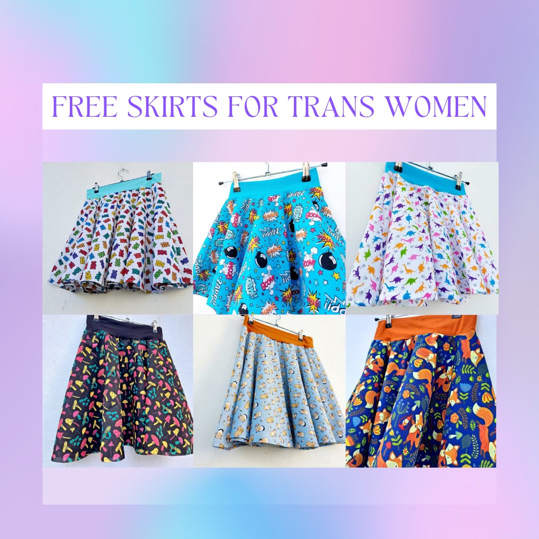 It's Pride Month and I'm having a rotten old time, so to cheer myself up I'd love to make a skirt for a trans woman or femme enby.

If that's you or someone you know, let me know. Anywhere in the world, I'll sew one of my skirts for you custom in your size and post it to you.