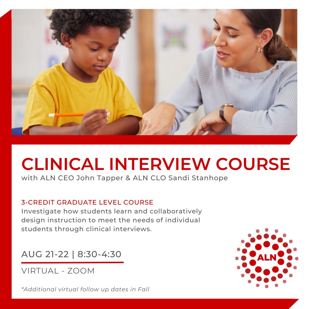 AllLearnersMath's tweet image. ❤️ Teachers need to uncover what kids understand about important mathematical ideas in order to design purposeful learning opportunities. 
We are offering a 3-credit virtual course on Clinical Interviews this summer! Register: hubs.li/Q01NZ0Y00 #mathcoach #specialeducation