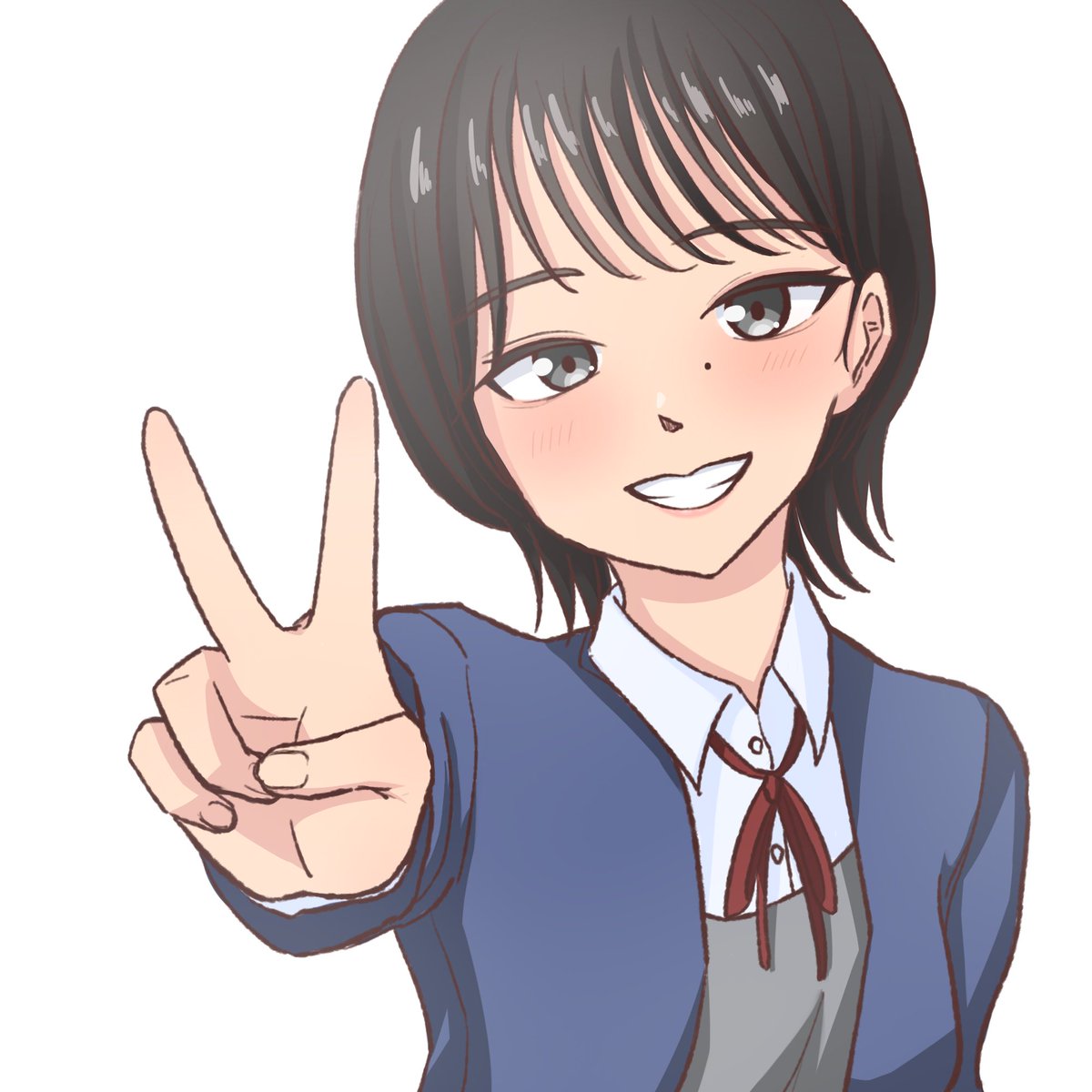 1girl solo v school uniform black hair smile short hair  illustration images