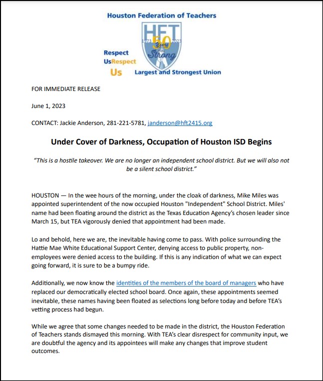 HFT_2415's tweet photo. Under Cover of Darkness, Occupation of Houston ISD Begins
 
“This is a hostile takeover. We are no longer an independent school district. But we will also not be a silent school district.”

PRESS ADVISORY
#HISD @TexasAFT https://t.co/m4E90eswDP