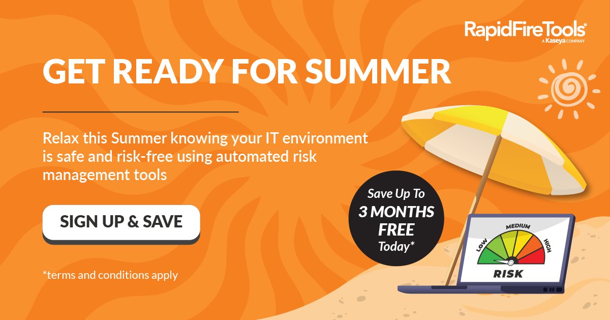 RapidFireTools's tweet image. Can’t get any better than our summertime savings. 😎🌴

&quot;Layer up&quot; your IT Risk Management with up to 40% off our automated risk management tools! Offers end June 30. bit.ly/45PM8yH

#riskmanagementtools #ITSecurity #Summer #SummerSavings