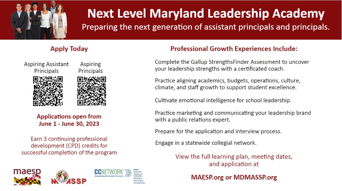 <a href="/maespmd/">MAESP</a> <a href="/mdmassp/">MASSP</a> <a href="/Region4CC/">Region4CC</a> are ready for you! Are you ready to grow as an aspiring assistant principal or aspiring principal? Apply now for Cohort 2 of Next Level MD Leadership Academy maesp.org or mdmassp.org