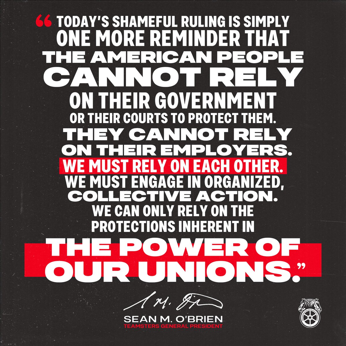 ‼️Statement from #Teamsters General President Sean M. O’Brien on the Supreme Court’s ruling today in #Glacier Northwest, Inc. v. International Brotherhood of Teamsters Local Union No. 174, which opens the door for corporations to sue their own workers. 

#1u @TeamsterSOB 1/9🧵...