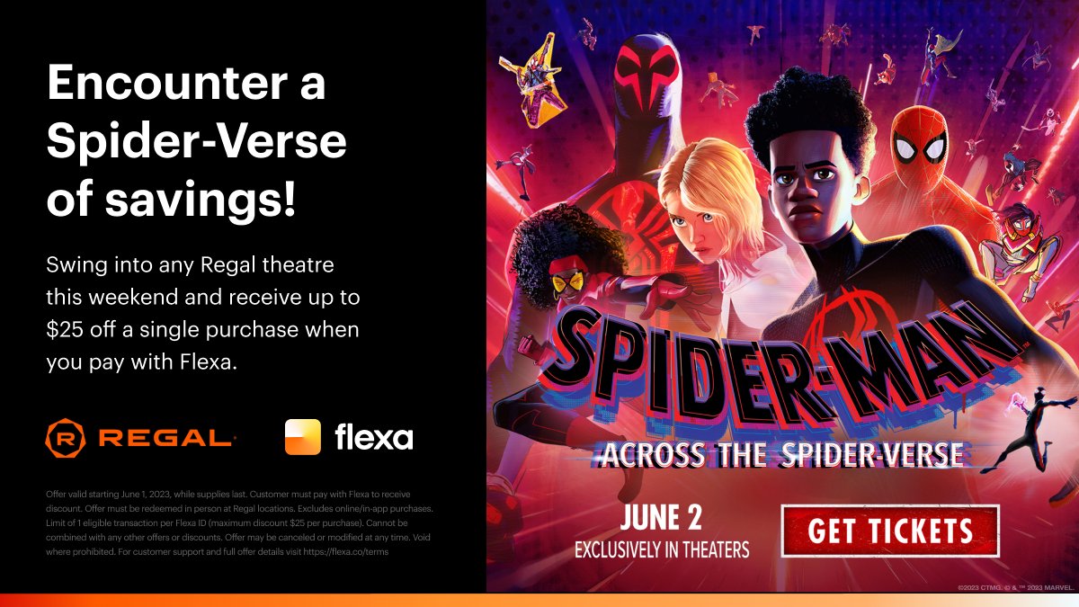 Watch Spider-Man: Across the Spider-Verse at Regal and save BIG!   

We’ve partnered with @RegalMovies to give you up to $25 off your in-person purchase. To redeem, pay with Flexa using the SPEDN app at any Regal location.   

Terms Apply: flexa.co/terms