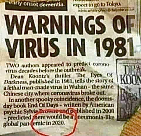 🔴 1981 de yayınlanan "End of Days" isimli bir romanda, 2020 yılında Çin'in Wuhan şehrinde C0ronavirus çıkacağı ve bunun bir pandemiye dönüşeceği belirtiliyor.

Senaryo yıllar öncesinden yazılmış... Yıllardır boşuna demiyoruz bunun adı PLANDEMİ diye.‼️
