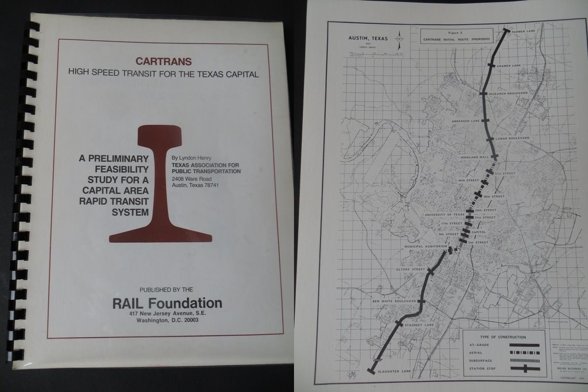 KUTnathan's tweet image. This landmark moment for light-rail comes 50 YEARS after local transit advocate Lyndon Henry drafted the first formal proposal for a light-rail system in Austin. 

This is from 1973. Not digitized yet, according to Henry.