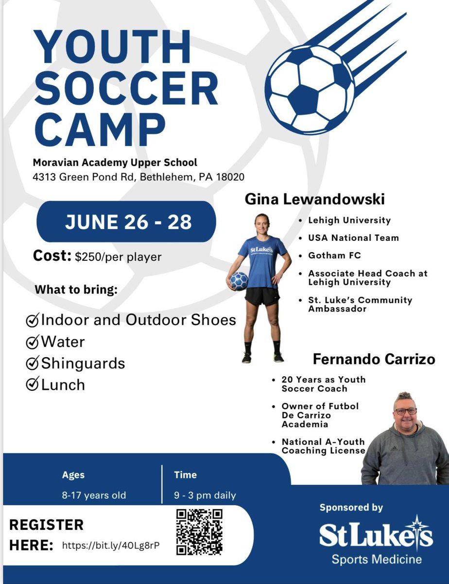 CLINICS &amp; CAMPS: Soccer players don’t miss out—Plan ahead and sign up today and get great guidance and coaching from Gina Lewandowski and Fernando Carrizo later this month. Sign up today!!!!  <a href="/SLUHNSportsMed/">St. Luke's Sports Medicine</a> <a href="/mystlukes/">St. Luke's University Health Network</a> <a href="/gll088/">Gina Lewandowski</a> <a href="/CarrizoNando/">Fernando Carrizo (DJ Nando)</a>