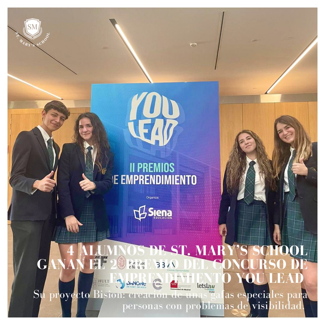 4 ALUMNOS DE ST. MARY’S SCHOOL GANAN EL 2° PREMIO DE LA II EDICIÓN DEL CONCURSO DE EMPRENDIMIENTO YOU LEAD.

Su propuesta: #Bision unas gafas con señales auditivas para personas con dificultades visuales. 👁️

BIG CONGRATS! 
#emprendimiento #youlead #stmaryschool