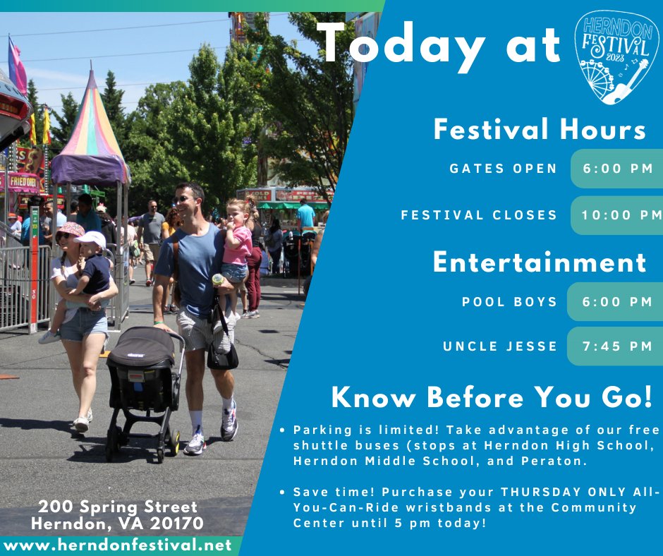 🎉🎪The Herndon Festival kicks off today at 6 pm! Get ready for a day filled with fantastic music, mouthwatering food, and exciting attractions. Make your journey to the festival hassle-free with our free shuttle service!  🎉🚌 #Best4DaysofSummer