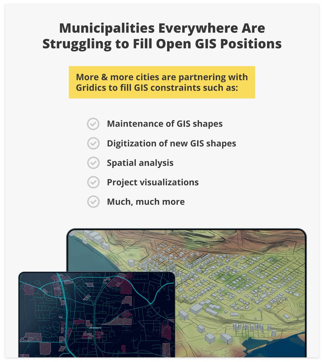 Municipalities everywhere are struggling to fill open GIS positions, Gridics can solve this problem! Schedule a quick 15 min call with our team to learn how we can help! gridics.com/request-demo #GIS #Mapping #Geospatial #BigData #GovTech #PlanTech #smartcities #civicTech