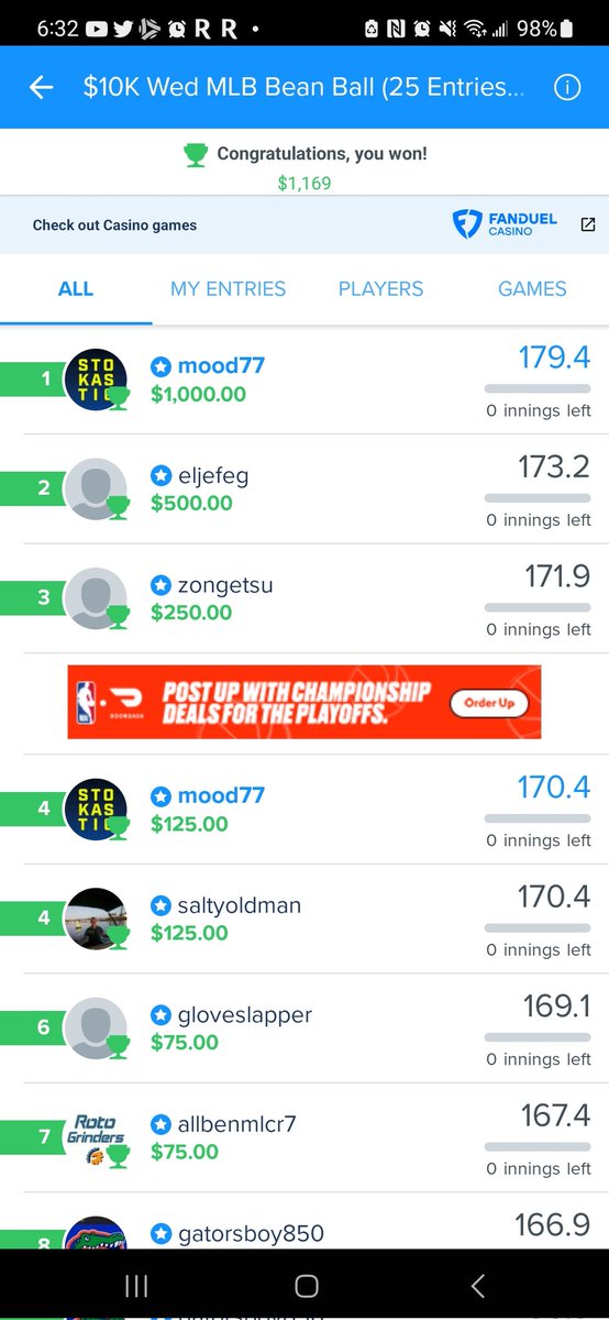 moodyclass's tweet photo. @StokasticHOF Finally made it to the HOF. Been watching deeper dives for awhile and learning baseball dfs.  Thanks to Josh and Adam for the advice! Took down 1st and 4th in the Fanduel Bean Ball and won over $1000 on $2.22 entry! https://t.co/DmZueV7Axe