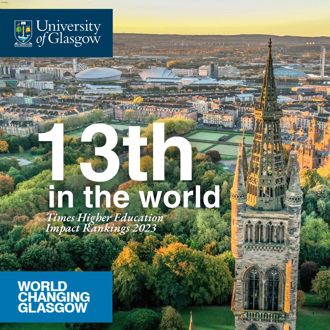 Delighted to be ranked 13th in the world in the @timeshighered Impact Rankings for 2023, up six places from 19th in 2022. 🌎 This result is a testament to the contributions made by our #TeamUofG community towards the United Nations SDGs. 👏🎉 #WorldChangingGlasgow #GSDcongress