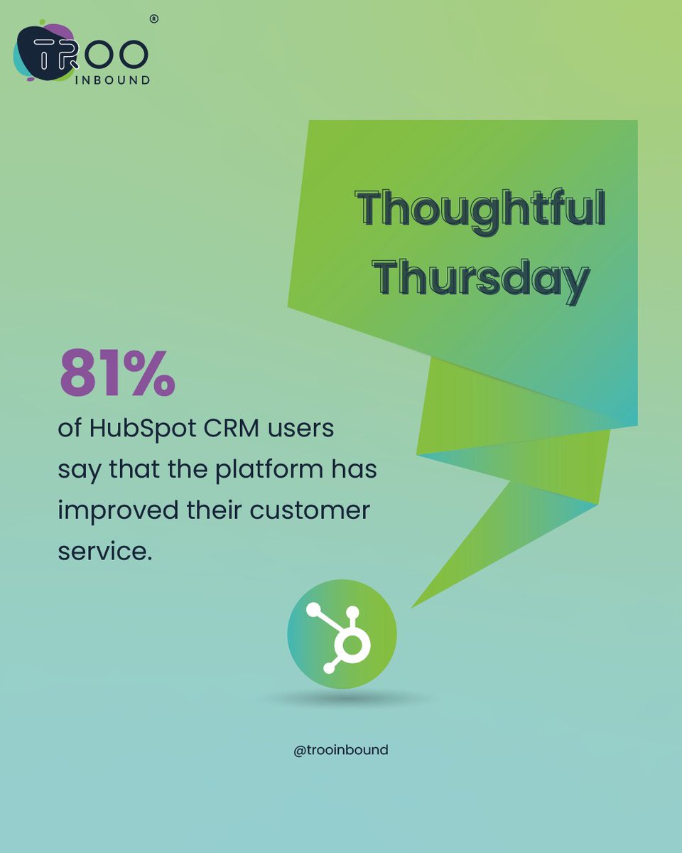 trooinbound's tweet photo. #ThoughtfulThursday
81% of HubSpot CRM users say that the platform has improved their customer service. π₯π @HubSpot @HubSpotAcademy @HubSpotPartners
#hubspot #hubspotcrm #inboundmarkting #CRM #TRooInbound https://t.co/XkS78XQN40