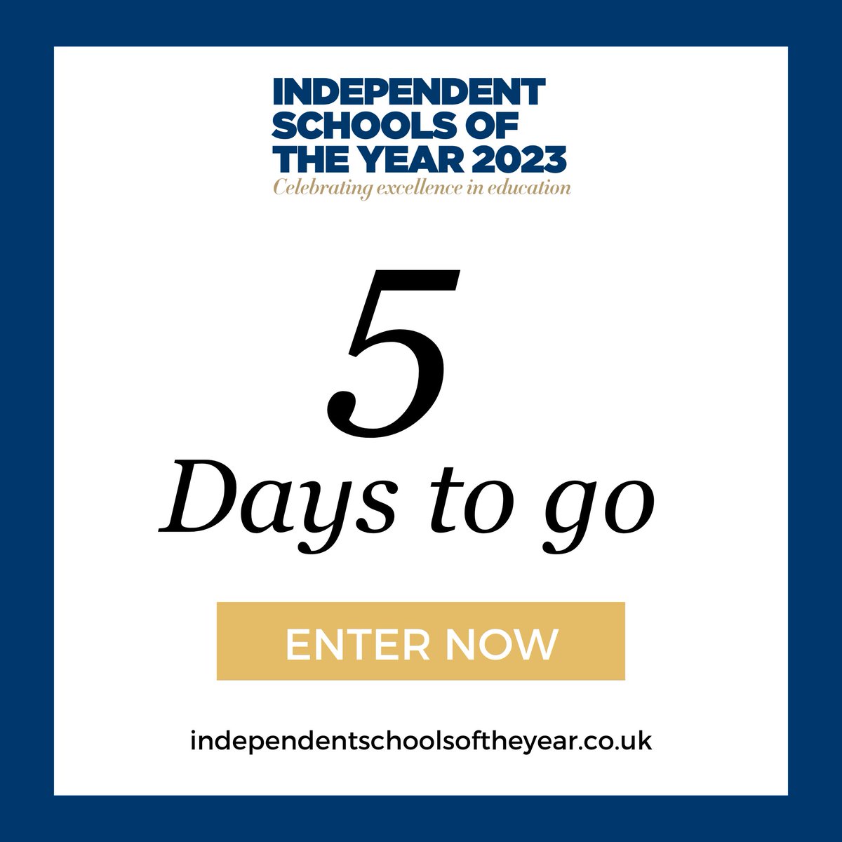 Independent School Parent (@isparent) on Twitter photo 📣 5 DAYS TO GO! 📣 There's just 5 days left to nominate your school for an Independent Schools of the Year Award 2023 🏆 Visit our website buff.ly/3VVP3RI to enter now ⬅️ For inspiration for your entry, visit buff.ly/3qd8w4q ⬅️
#isoty2023 <a href="/isotyawards/">Independent Schools of the Year 2023 Awards 🏆</a> 📣 5 DAYS TO GO! 📣 There's just 5 days left to nominate your school for an Independent Schools of the Year Award 2023 🏆 Visit our website buff.ly/3VVP3RI to enter now ⬅️ For inspiration for your entry, visit buff.ly/3qd8w4q ⬅️
#isoty2023 <a href="/isotyawards/">Independent Schools of the Year 2023 Awards 🏆</a>