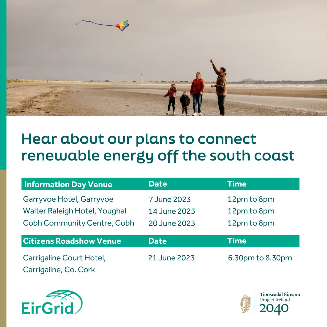 EirGrid's tweet photo. The public will have an opportunity to find out more about EirGrid’s plans to deliver #offshore renewable energy infrastructure off the south coast at a series of information events in #Cork from next week. 

For more info see https://t.co/kfvdK5s4AK https://t.co/aGmoLxBQbi