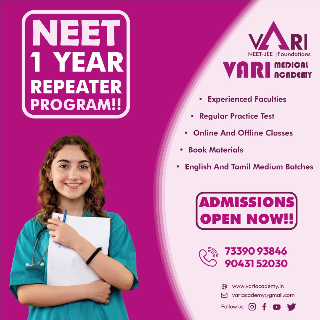 variacademy's tweet image. Attention NEET aspirants! 🎓

Admissions are now open for the NEET 1 Year Repeater Program at Vari Medical Academy!

Enroll Now: 7339093846, 9043152030
Website:

#NEET2024 #neetrepeaterprogram #neetug #neet #mbbs #education #NEETRepeater #neetphysics #neetchemistry #neetbiology