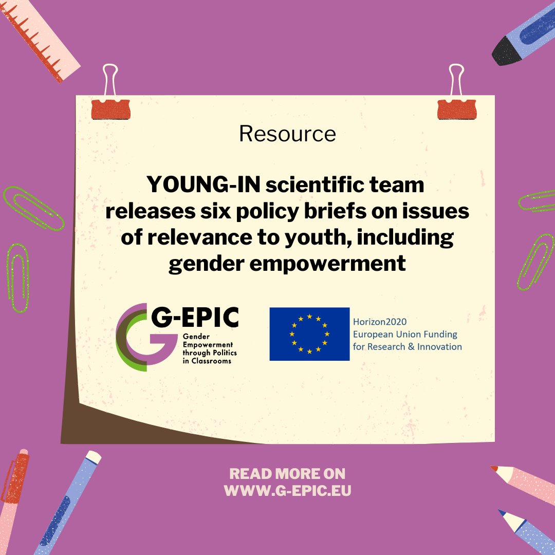 YOUNG-IN scientific team releases six policy briefs.
👉🏻 Find out more on g-epic.eu

#GenderEquality #EqualRights #WomenEmpowerment #GirlsRights #HeForShe #EndGenderDiscrimination #GirlsEmpowerment #OpenDiscussionInSchools #GenderEqualEurope #CitizenshipEducation