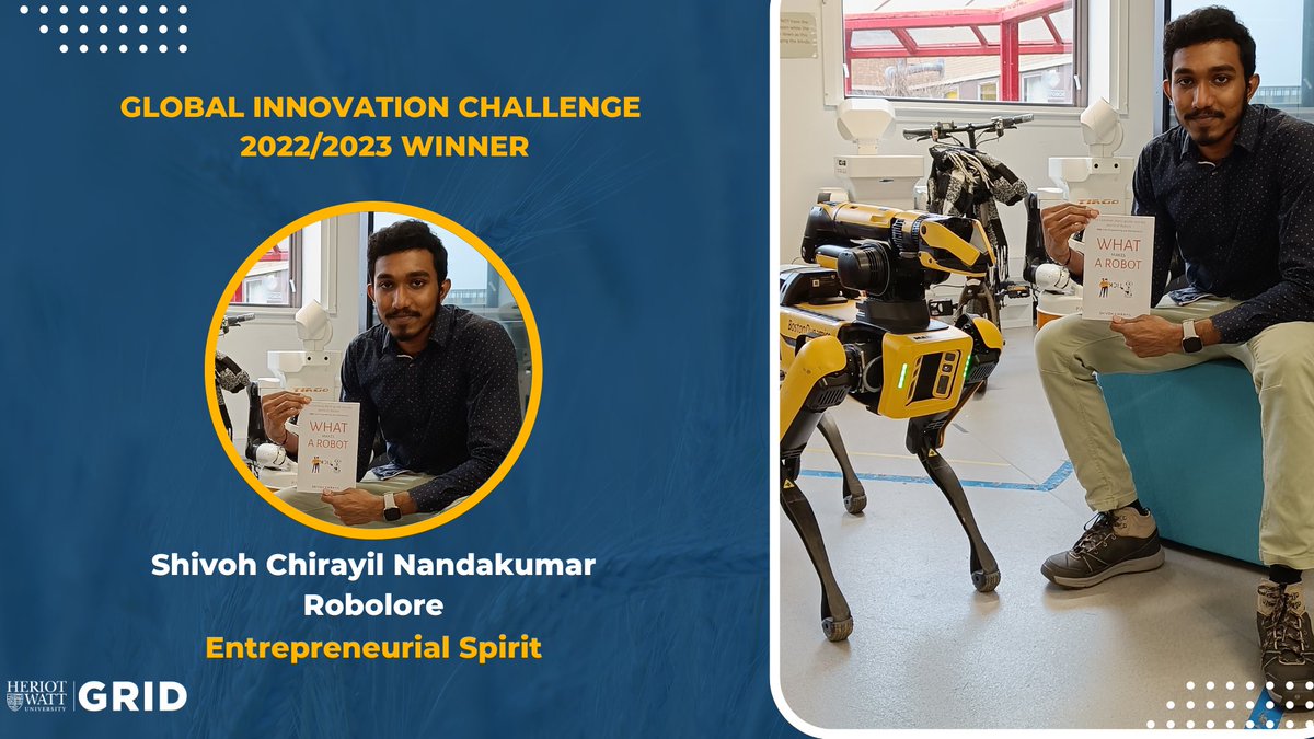 HWUEntrepreneur's tweet image. Meet the winner of the &apos;Entrepreneurial Spirit&apos; Award-  Shivoh Chirayil Nandakumar, #Robotics and AI PhD Researcher, @HeriotWattUni  Edinburgh. 

Shivoh&apos;s business idea is Robolore - a gamified learning platform for children to learn the fundamentals of robotics. 
#roboticsainews