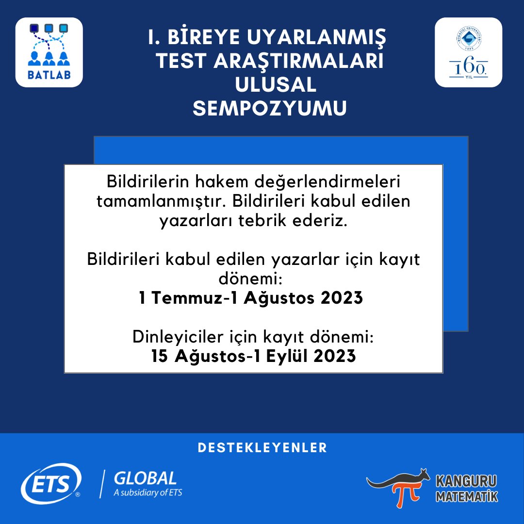 Bildirilerin hakem değerlendirmeleri tamamlanmıştır. Bildirileri kabul edilen yazarları tebrik ederiz.