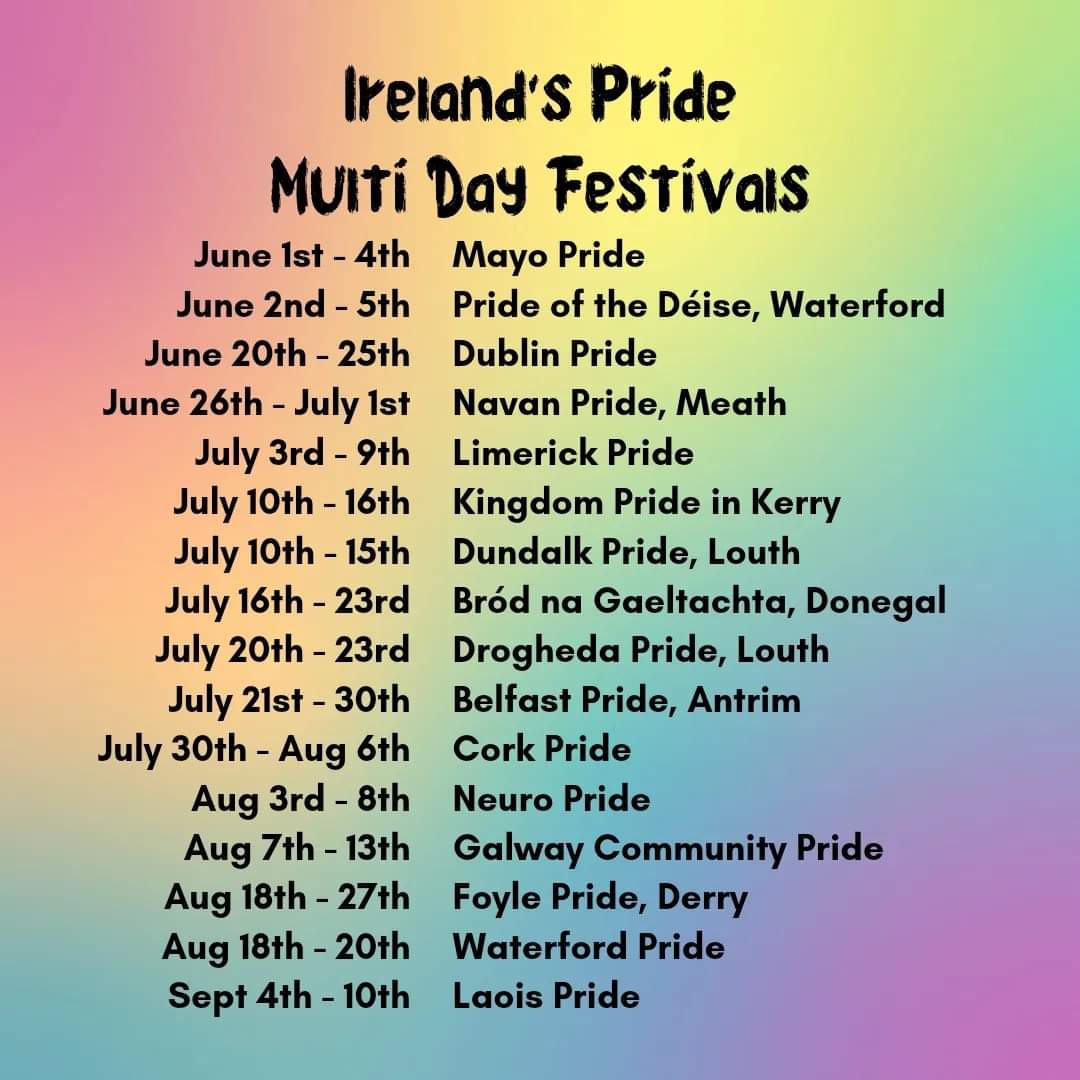 Reminder:
Ireland has a Pride Season not a Pride Month!
We have pride events from the last weekend in May to the middle of September!
#Pride2023 #PrideMonth #PrideIreland #LGBT #GayPride #LGBTQIA #QueerPride 
Here's the full list for this year: