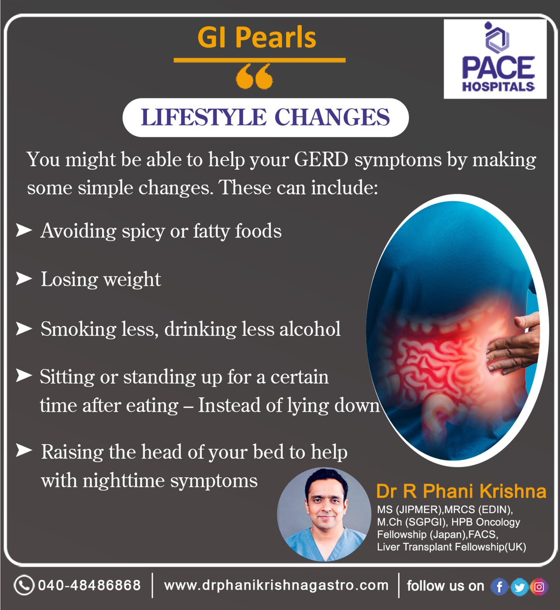 #Lifestylechanges as a first step in managing #reflux. It is important to remember #GERD is a chronic condition that can affect each person differently. 
#drphanikrishnaRavula #surgicalgastroenterologist #Liverproblems #laparoscopicsurgery #gastrodoctor #gastroclinic