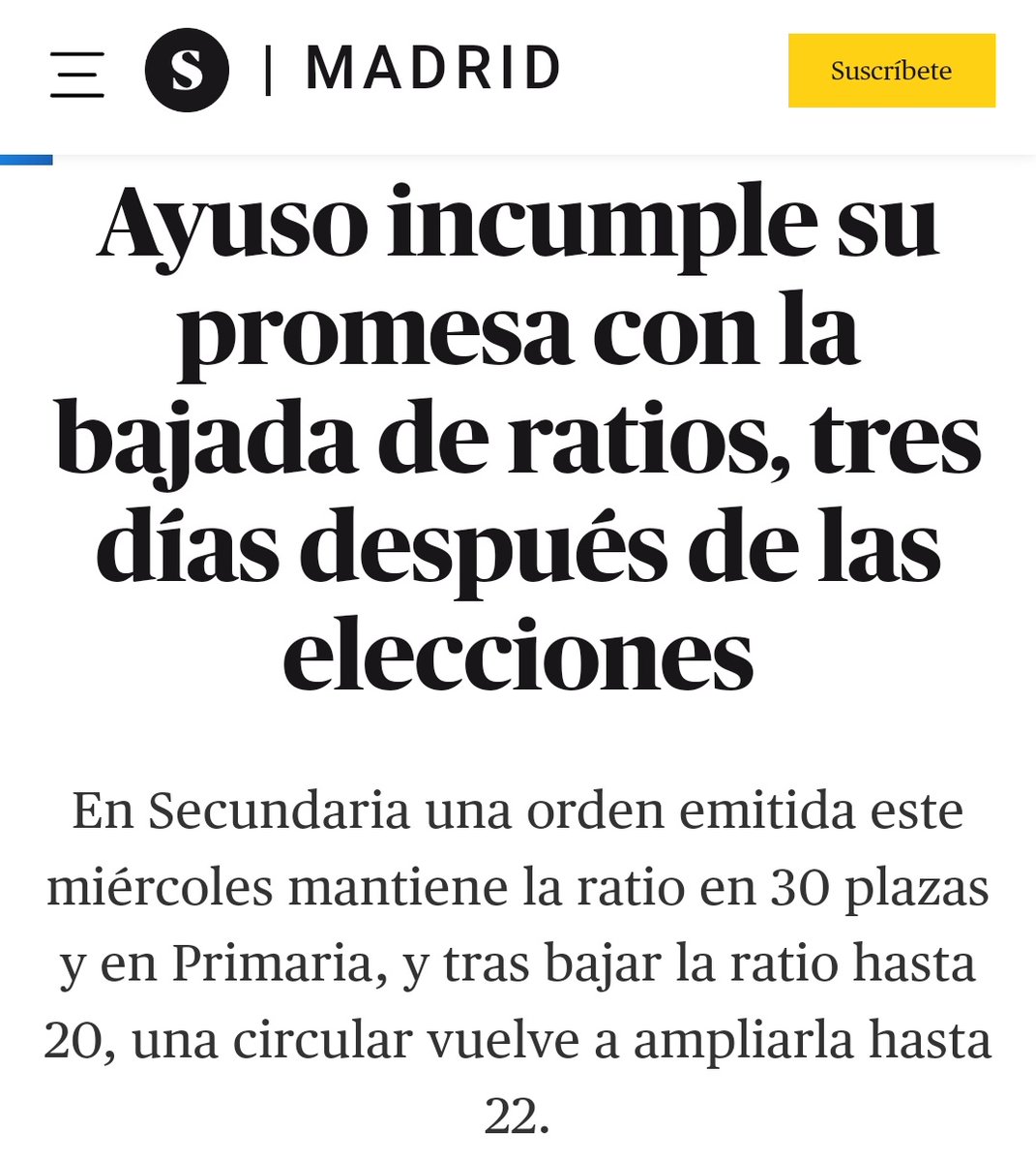 Monica_Garcia_G's tweet photo. Tres días después de las elecciones, menos de dos meses desde que Ayuso prometiera una bajada de ratios para una "educación personalizada". Mentiras que salen caras a la ciudadanía. https://t.co/FB36nZ1jvg