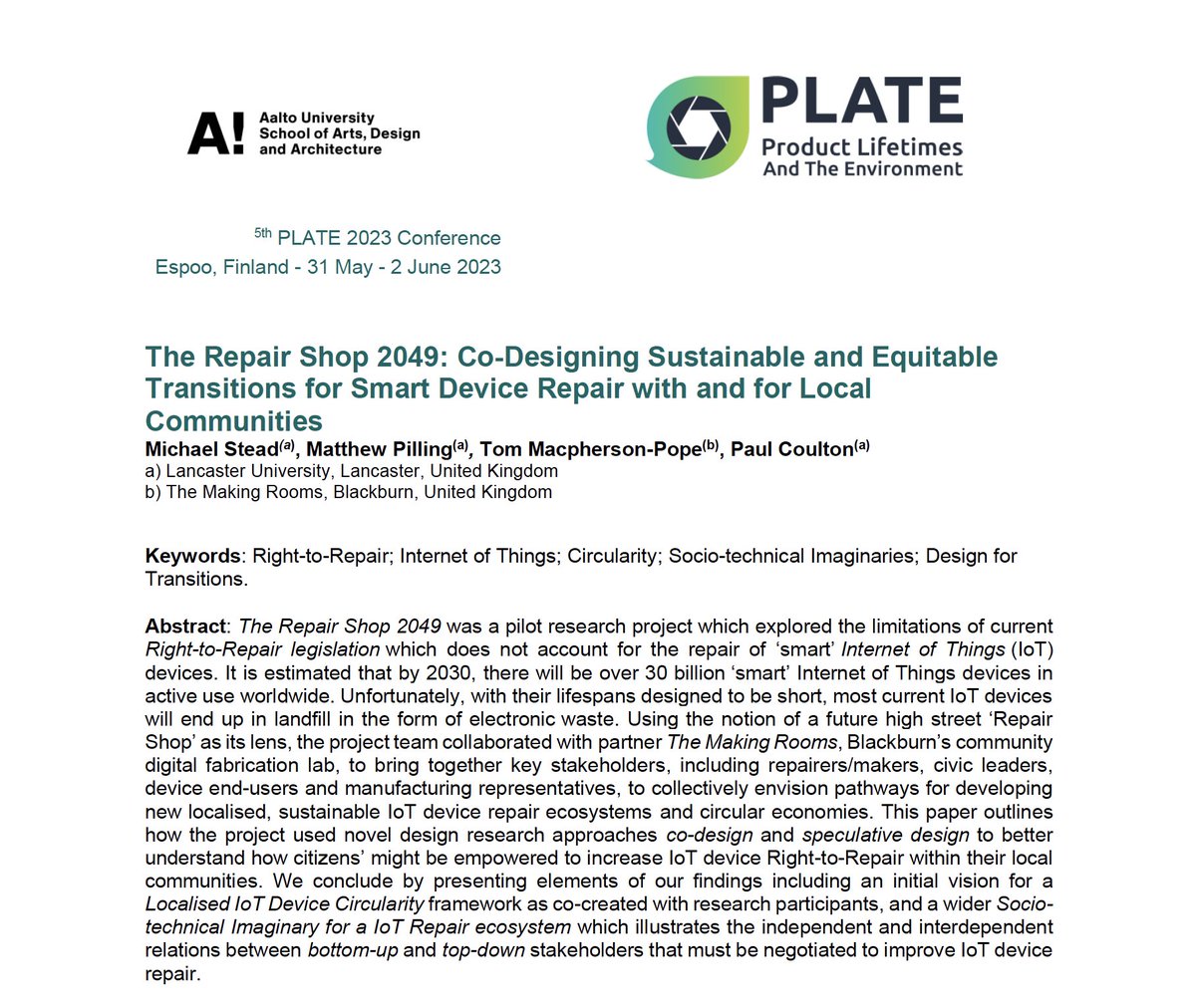 Michael Stead (@_michaelstead) on Twitter photo It's the #PLATEConference2023 this week <a href="/AaltoUniversity/">Aalto University</a> and <a href="/_MattPilling/">Matthew Pilling</a> is presenting our <a href="/RepairShop2049/">The Repair Shop 2049</a> paper (proceedings available online soon!) <a href="/T_Mac_P/">Tom Macpherson-Pope</a> @ProfTriviality @TheMakingRooms <a href="/ImaginationLanc/">ImaginationLancaster</a> It's the #PLATEConference2023 this week <a href="/AaltoUniversity/">Aalto University</a> and <a href="/_MattPilling/">Matthew Pilling</a> is presenting our <a href="/RepairShop2049/">The Repair Shop 2049</a> paper (proceedings available online soon!) <a href="/T_Mac_P/">Tom Macpherson-Pope</a> @ProfTriviality @TheMakingRooms <a href="/ImaginationLanc/">ImaginationLancaster</a>