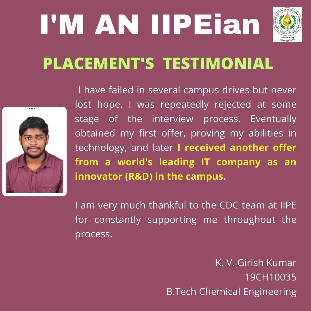 IIPE_vizag's tweet photo. 2023 Batch Placement’s Testimonial.

#iipe #iipeplacements #mopng #mnre #iit #iitjeeadvanced #2023campusplacements #pmo #oilandgas #chemicalindustry https://t.co/phPR3YsOZa