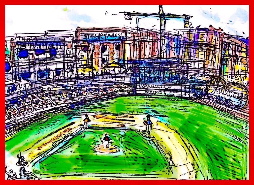 Sketching from section 216 <a href="/nashvillesounds/">Nashville Sounds</a>  <a href="/FirstHorizonPrk/">First Horizon Park</a> Memorial weekend when they played  the Iowa Cubs-Beautiful way to kick off #summer2023 #Nashville #Sketchbookartist #AAAbaseball