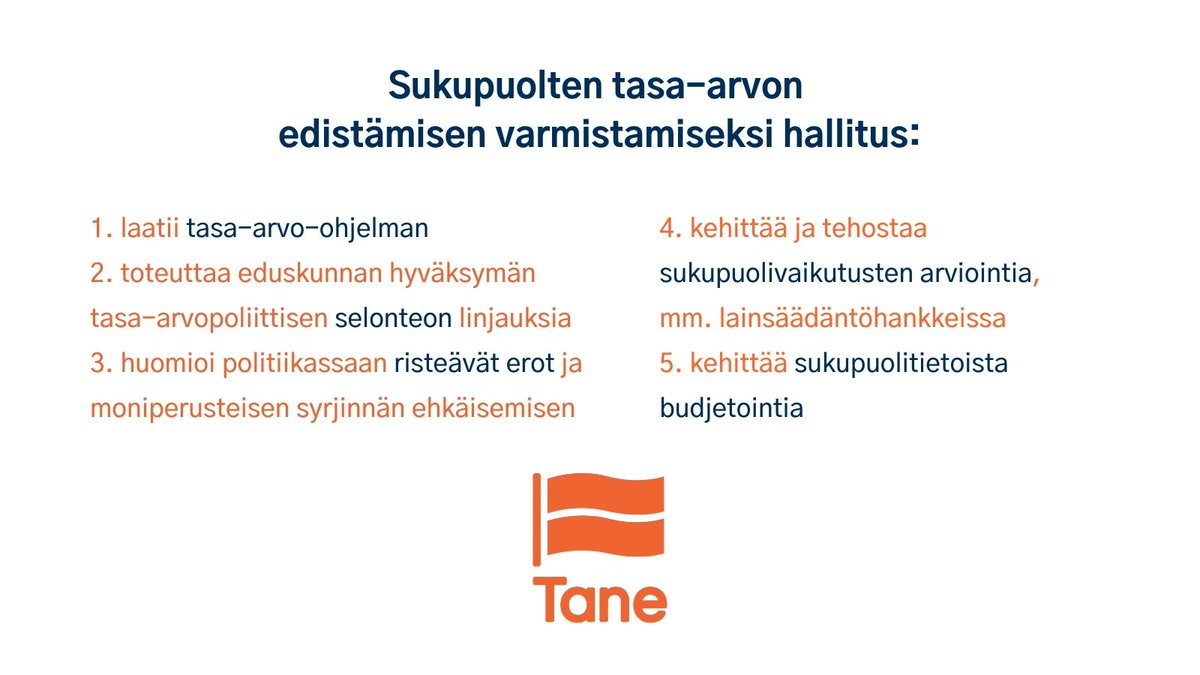 Tasa-arvopolitiikan toteuttamiseen on olemassa työkaluja ja keinoja.

Tulevan hallituksen on tärkeää sitoutua tasa-arvon edistämiseen hallitusohjelmassa, talousarvioprosesseissa ja kaikissa keskeisissä reformeissa <a href="/kokoomus/">Kokoomus</a> <a href="/persut/">Perussuomalaiset</a> <a href="/sfprkp/">SFP • RKP</a> <a href="/KDpuolue/">Kristillisdemokraatit | KD</a> #HallitusNeuvottelut #TasaArvo