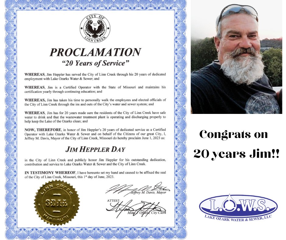 LOWS2092's tweet image. We&apos;d like to take a minute today to say a big 𝗧𝗛𝗔𝗡𝗞 𝗬𝗢𝗨 to Jim Heppler for his loyalty and dedication to our company.    𝟚𝟘 𝕐𝔼𝔸ℝ𝕊!!   We appreciate you Jim! 
#WaterTesting #WastewaterManagement #CertifiedOperator #20Years #LakeoftheOzarks