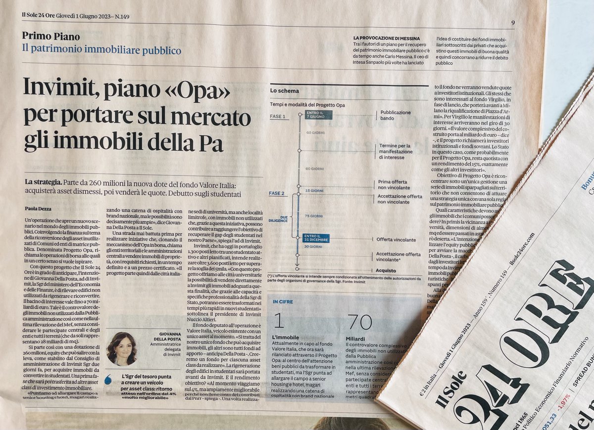 Con <a href="/24paoladezza/">paola dezza</a> sul <a href="/sole24ore/">IlSole24ORE</a> abbiamo parlato del "Progetto OPA" di @InvImIt_Sgr.
Essere innovativi nel mondo pubblico significa innanzitutto esserci, per trovare soluzioni e creare valori.
Stay tuned!