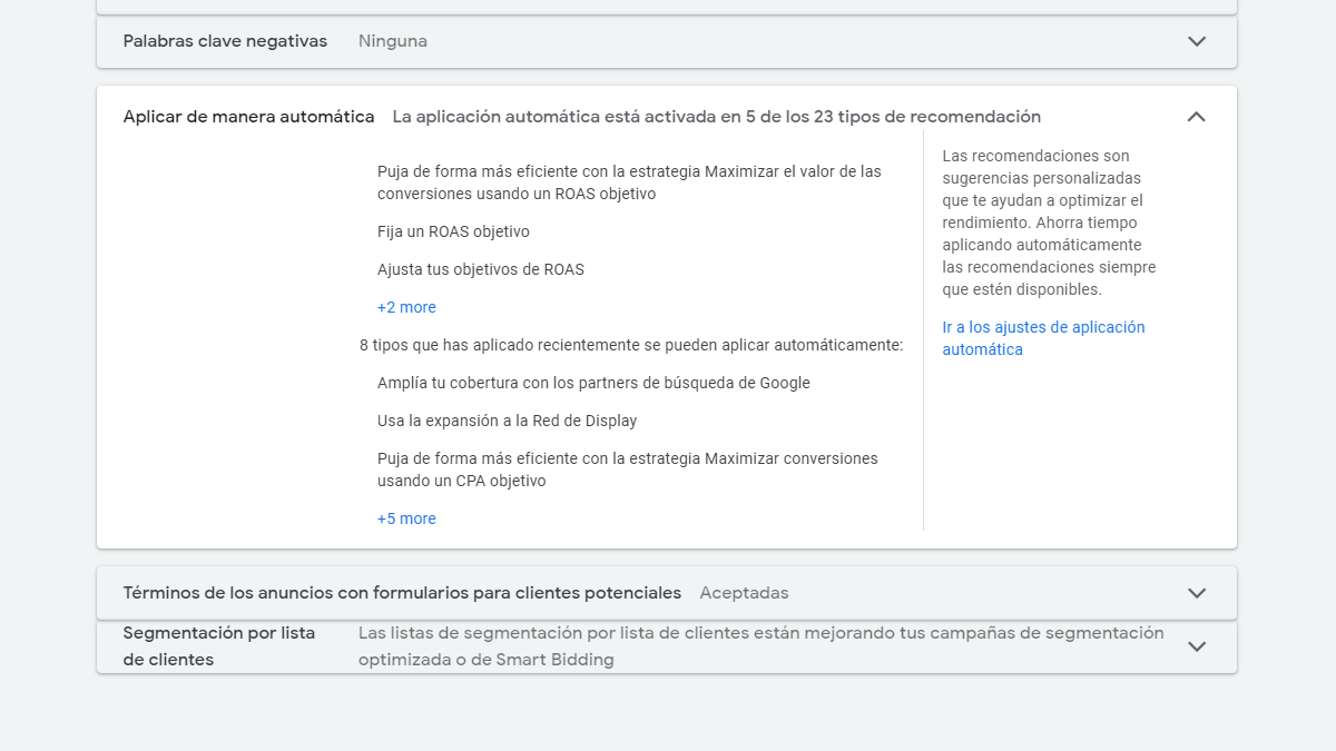 En Ajustes => Configuración de la cuenta en #GoogleAds podéis encontrar un nuevo apartado Aplicar de manera automática. Es un resumen de
✅ recomendaciones aplicadas automáticamente
✅ recomendaciones que se aplicaron manualmente => podríamos activar la aplicación automática