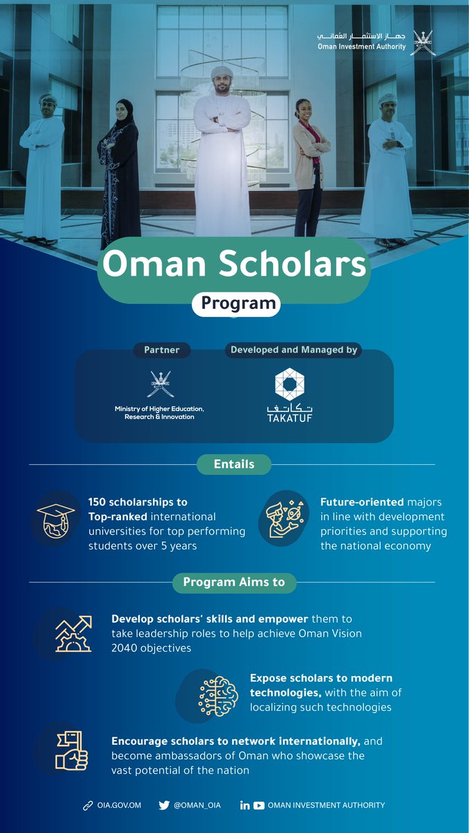 Oman_OIA's tweet image. In realization of #OmanVision2040 and its national targets, #OIA Company @TakatufOman will manage and oversee the 'Oman Scholars' Program in collaboration with @omanmohe. The program aims to prepare the youth through education and skill-development to become future leaders.