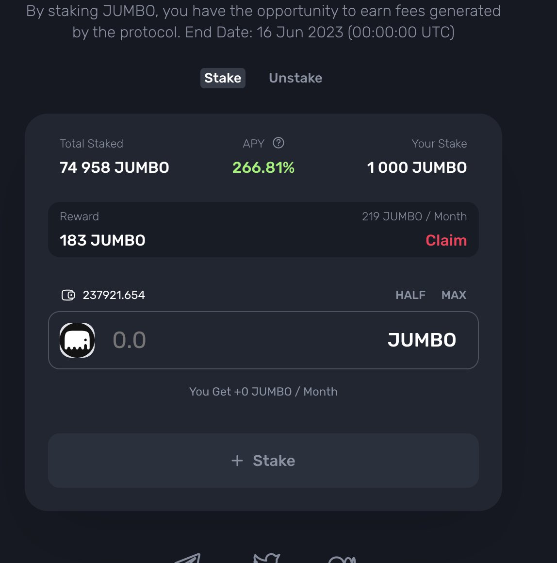 🔥 Jumbo Single Staking APY is 266% now!

👉Stake your $JUMBO tokens and get a lot of rewards in return!

❗Stay tuned for more exciting news in the coming week including #airdrop for trading on Jumbo Exchange!