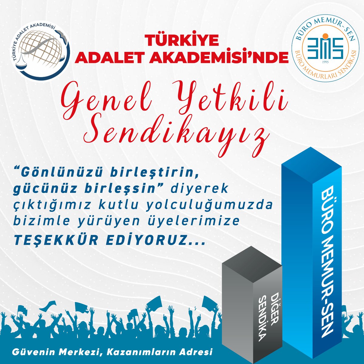 Biriz...
Beraberiz...
Güvenin merkezi, kazanımların adresiyiz! 

TÜRKİYE ADALET AKADEMİSİ'NDE GENEL YETKİLİ SENDİKAYIZ!

 “Gönlünüzü birleştirin, gücünüz birleşsin” diyerek çıktığımız kutlu yolculuğumuzda bizimle yürüyen üyelerimize teşekkür ediyoruz.